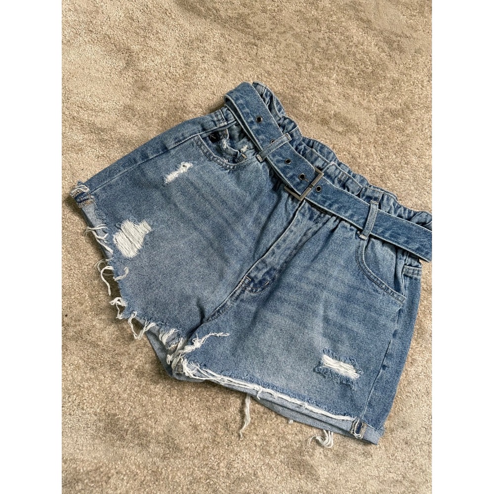 KanCan Paperbag Waist Distressed Denim Shorts Medium Wash